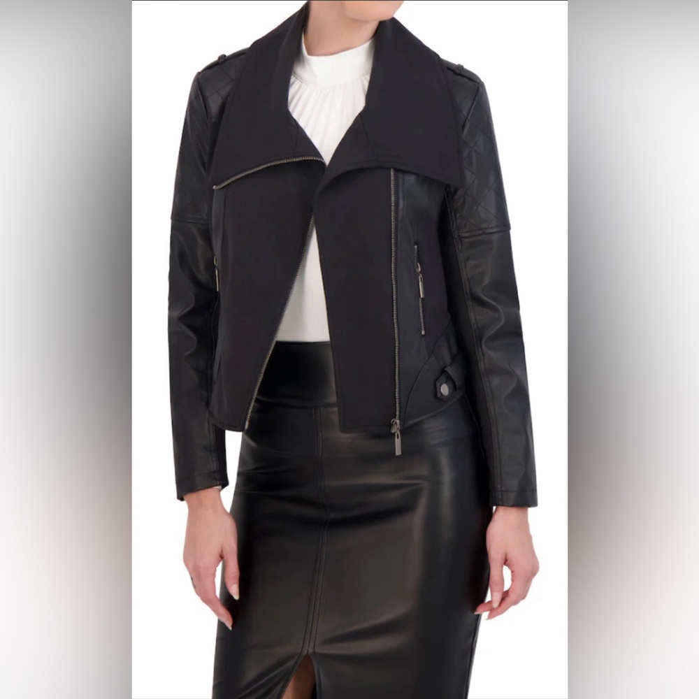 Ookie & Lala Womens Drape Biker Jacket Black Quilted Faux Leather Wing Collar XL
